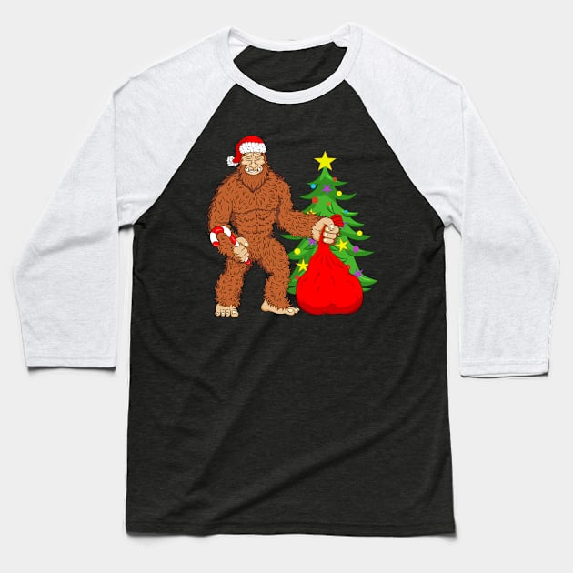 BigFoot Santa with Christmas Tree Baseball T-Shirt by silentsoularts